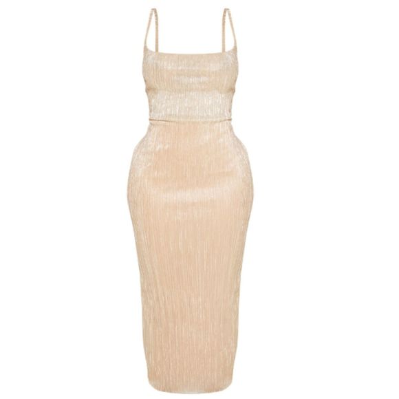 NWT PrettyLittleThing US 6 UK 10 Shape Pleated Gold Plisse Cowl Neck Midi Dress - Picture 1 of 12